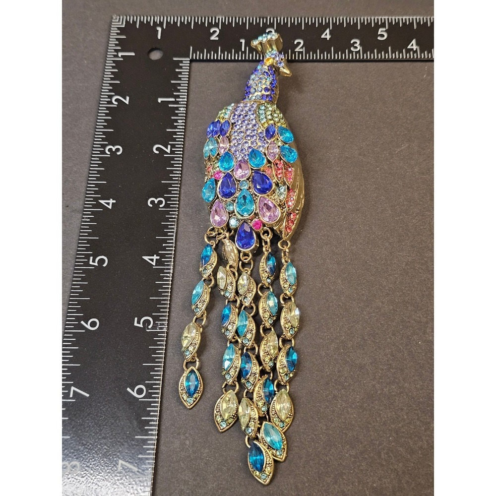 LARGE Tassel Peacock Brooch Women Multi Color Rhinestone Tassel Dangle - Picture 3 of 8